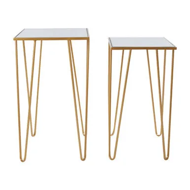 Set Of 2 Mirrored Glass Top Rectangular Side Tables With Gold Metal Hairpin Legs, Avantis