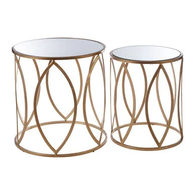 Set Of 2 Gold Metal Frame & Mirrored Top Side Tables, Arcana