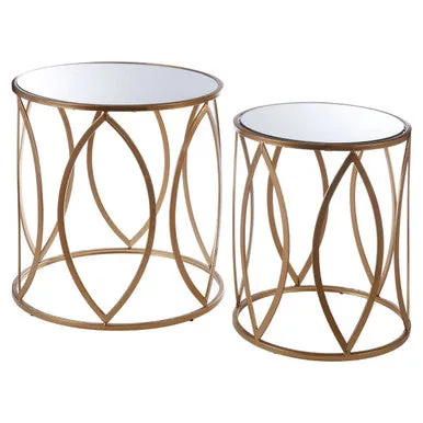 Set Of 2 Gold Metal Frame & Mirrored Top Side Tables, Arcana