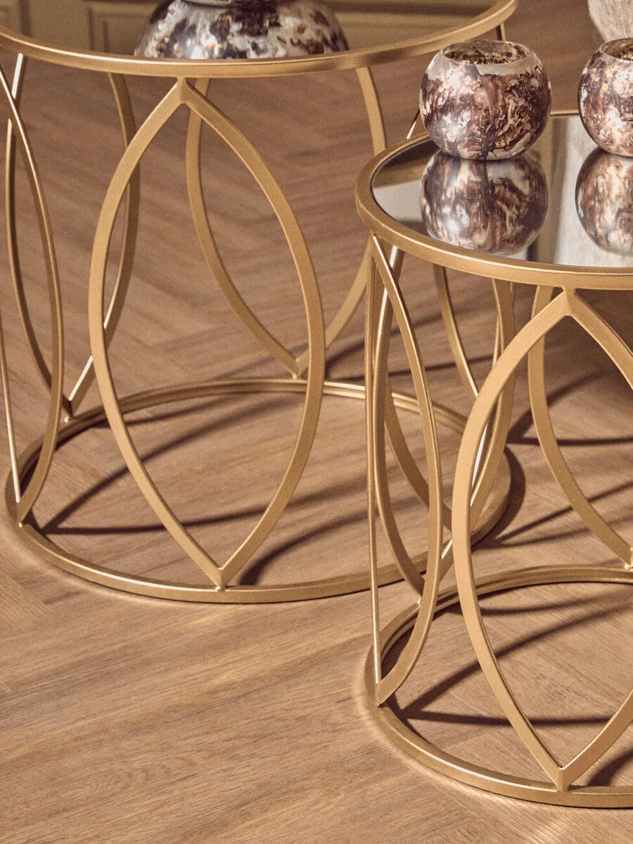 Set Of 2 Gold Metal Frame & Mirrored Top Side Tables, Arcana