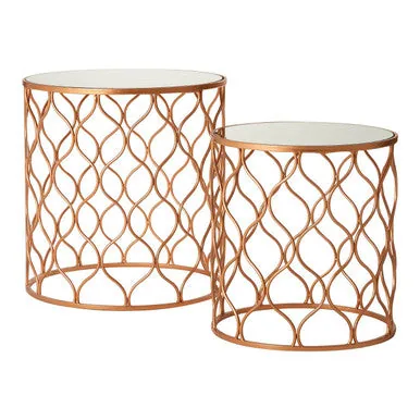 Set Of 2 White Mirrored Top & Gold Copper Base Tables, Avantis