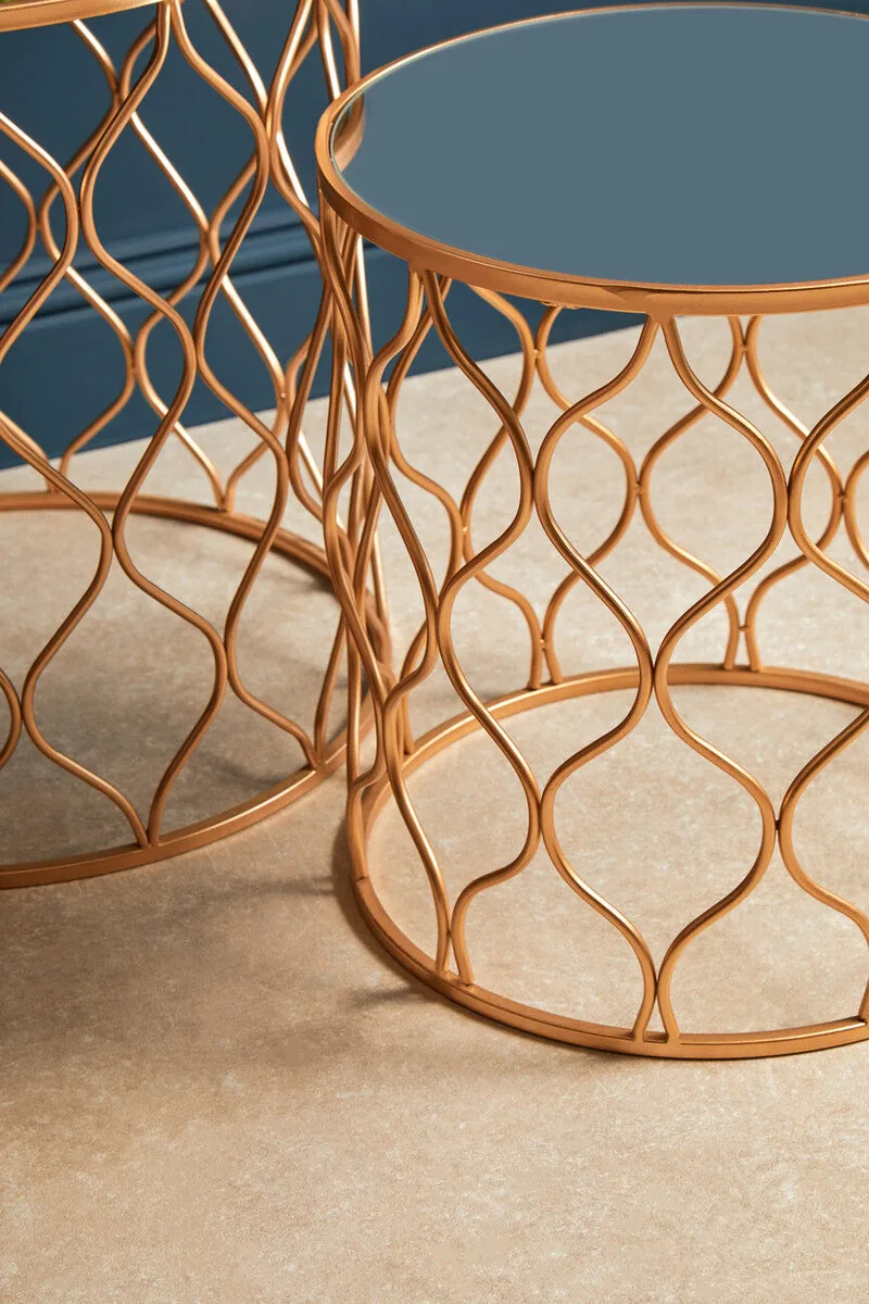 Set Of 2 White Mirrored Top & Gold Copper Base Tables, Avantis