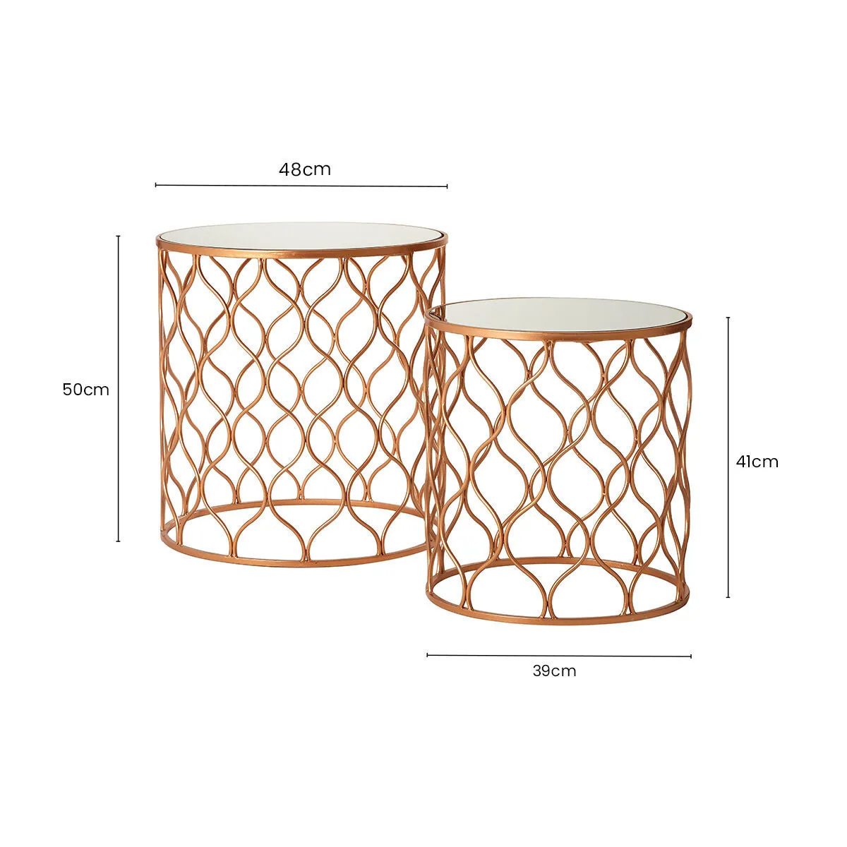 Set Of 2 White Mirrored Top & Gold Copper Base Tables, Avantis
