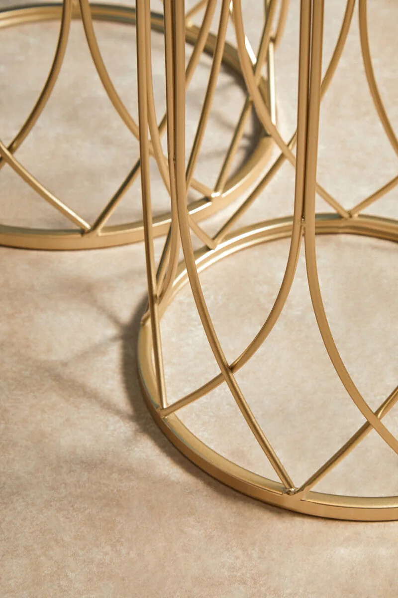 Set Of 2 Champagne Gold Mirror Top Side Tables With Metal Bases, Avantis