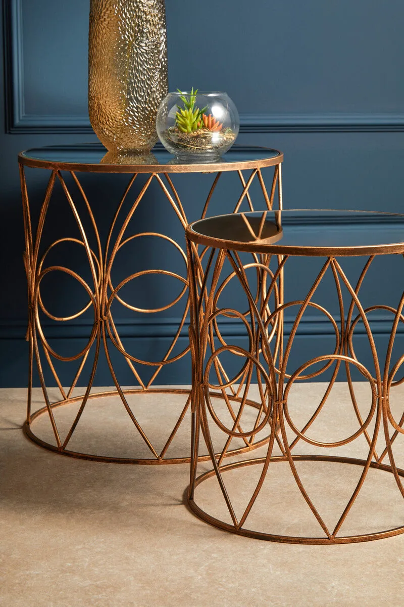 Set Of 2 Antique Frame Side Tables With Round Mirrored Top, Avantis