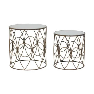 Set Of 2 Antique Frame Side Tables With Round Mirrored Top, Avantis