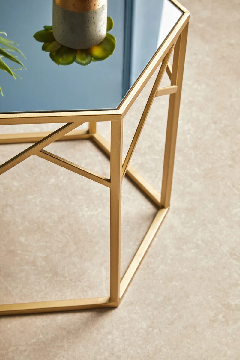 Set Of 2 Gold Hexagonal Frame Side Tables With Mirrored Glass Top, Avantis