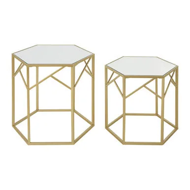 Set Of 2 Gold Hexagonal Frame Side Tables With Mirrored Glass Top, Avantis