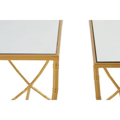 Set Of 2 Mirrored Glass Top Rectangular Side Tables With Gold Metal Frame, Avantis