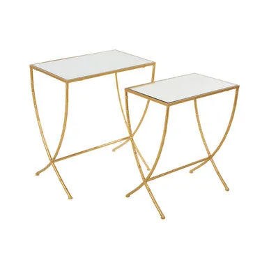 Set Of 2 Mirrored Glass Top Rectangular Side Tables With Gold Metal Frame, Avantis