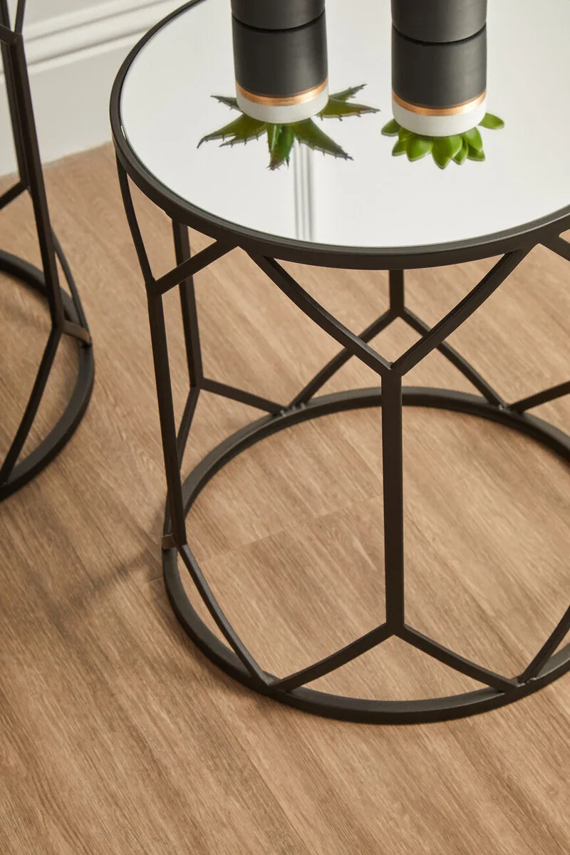 Set Of 2 Black Geometric Metal Side Tables With Mirrored Glass Tops, Avantis