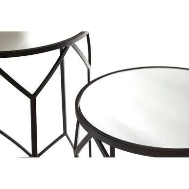 Set Of 2 Black Geometric Metal Side Tables With Mirrored Glass Tops, Avantis