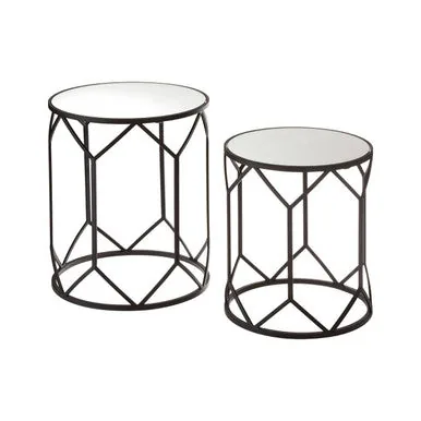 Set Of 2 Black Geometric Metal Side Tables With Mirrored Glass Tops, Avantis