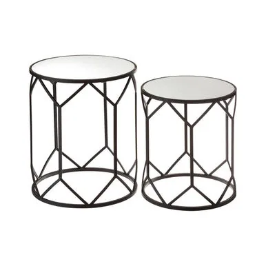 Set Of 2 Black Geometric Metal Side Tables With Mirrored Glass Tops, Avantis