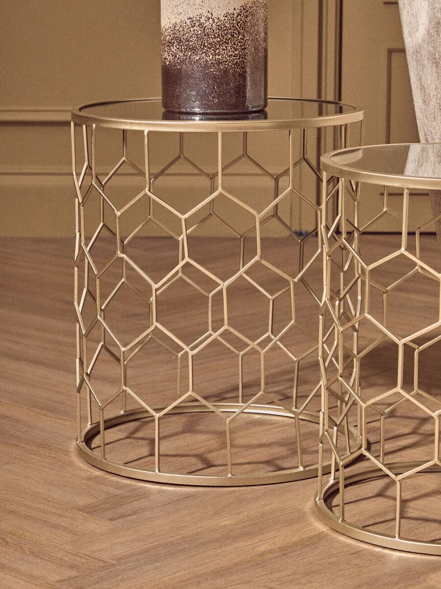 Set Of 2 Mirrored Glass Top Honeycomb Side Tables With Gold Metal Frame, Arcana