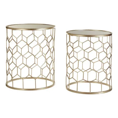 Set Of 2 Mirrored Glass Top Honeycomb Side Tables With Gold Metal Frame, Arcana