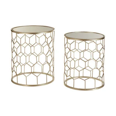 Set Of 2 Mirrored Glass Top Honeycomb Side Tables With Gold Metal Frame, Arcana