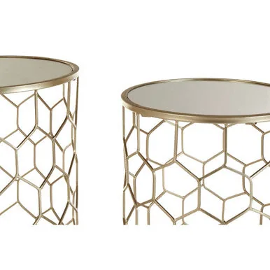 Set Of 2 Mirrored Glass Top Honeycomb Side Tables With Gold Metal Frame, Arcana