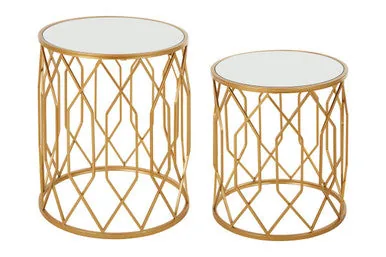 Set Of 2 Gold Mirrored Glass Top Round Side Tables With Gold Metal Frames, Avantis