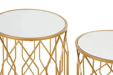 Set Of 2 Gold Mirrored Glass Top Round Side Tables With Gold Metal Frames, Avantis