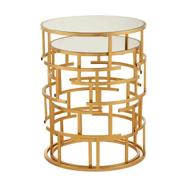 Set Of 2 Mirrored Glass Top & Gold Maze Design Base Side Tables, Avantis