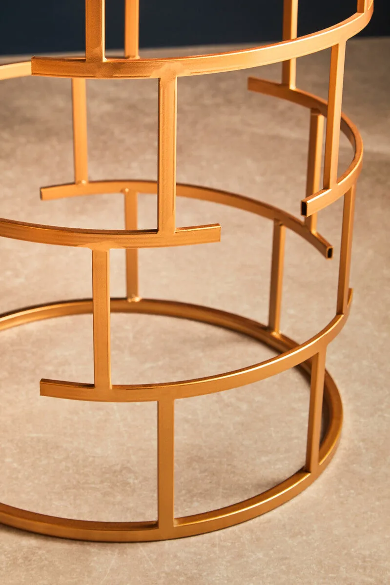 Set Of 2 Mirrored Glass Top & Gold Maze Design Base Side Tables, Avantis