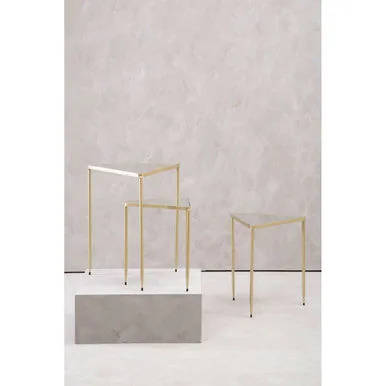 Set Of 3 Mirrored Glass Top Triangle Nesting Tables With Gold Champagne Metal Frame, Avantis