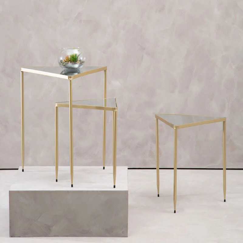 Set Of 3 Mirrored Glass Top Triangle Nesting Tables With Gold Champagne Metal Frame, Avantis