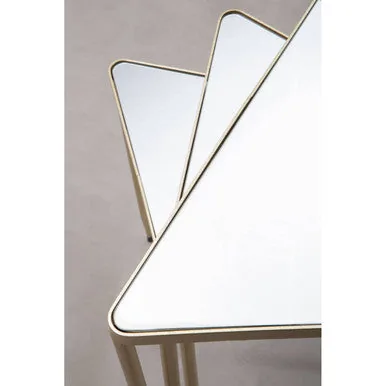 Set Of 3 Mirrored Glass Top Triangle Nesting Tables With Gold Champagne Metal Frame, Avantis
