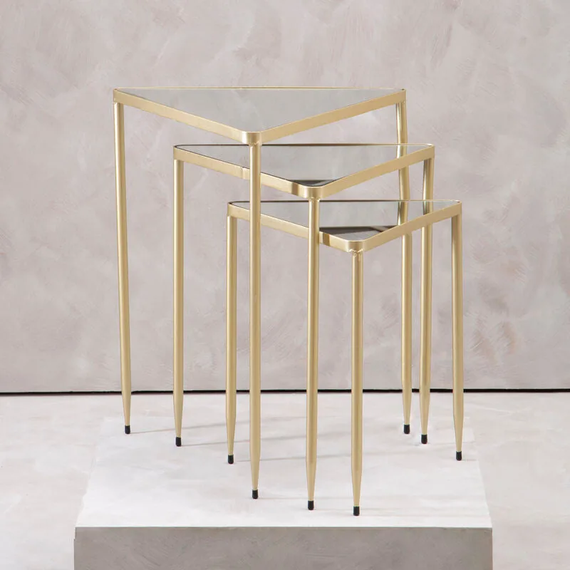 Set Of 3 Mirrored Glass Top Triangle Nesting Tables With Gold Champagne Metal Frame, Avantis