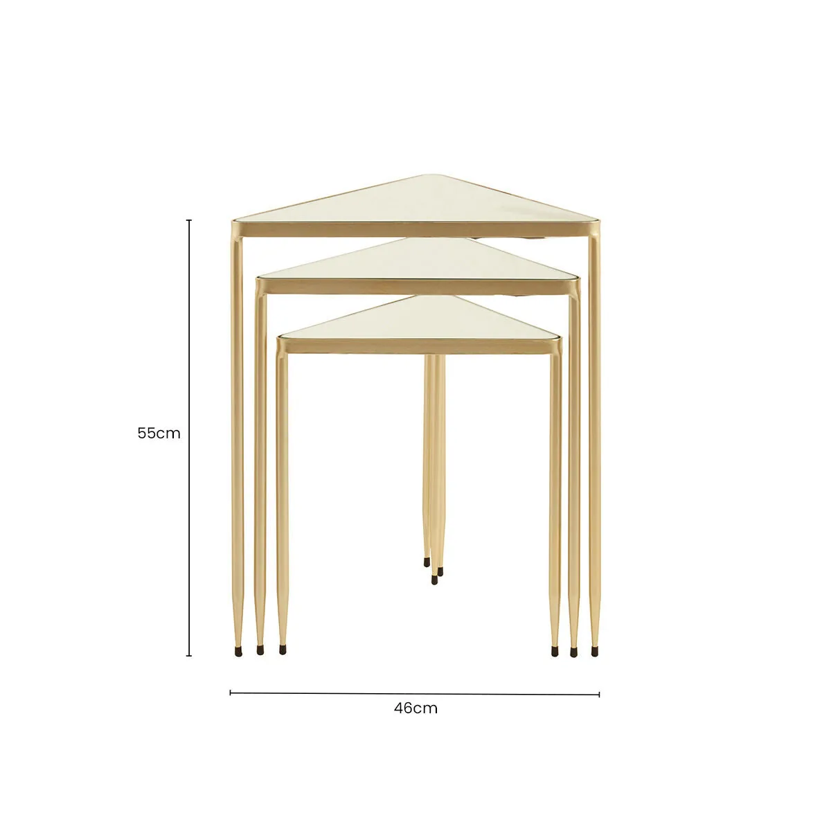 Set Of 3 Mirrored Glass Top Triangle Nesting Tables With Gold Champagne Metal Frame, Avantis
