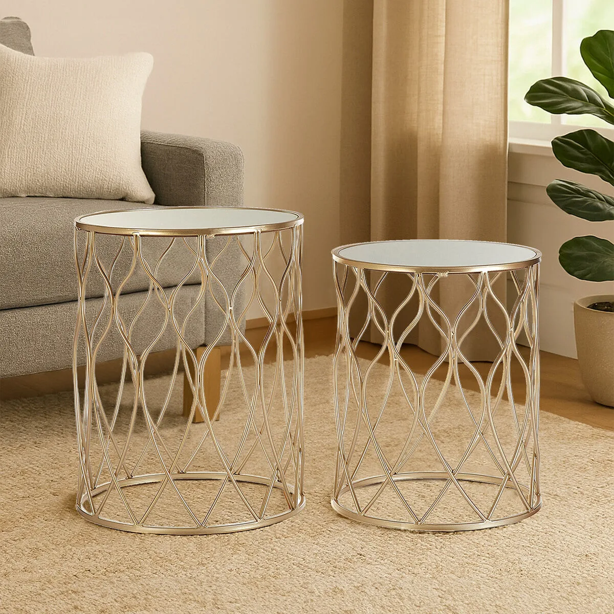 Set Of 2 Mirrored Glass Top Side Tables With Gold Metal Frame, Arcana