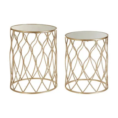Set Of 2 Mirrored Glass Top Side Tables With Gold Metal Frame, Arcana