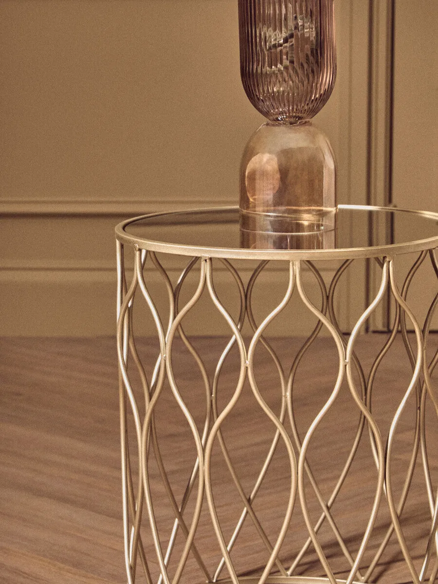 Set Of 2 Mirrored Glass Top Side Tables With Gold Metal Frame, Arcana