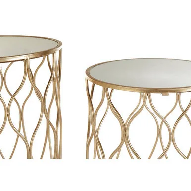 Set Of 2 Mirrored Glass Top Side Tables With Gold Metal Frame, Arcana