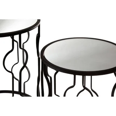 Set Of 2 Black Metal Base Side Tables With Arabesque Detailing & Mirrored Glass Tops, Avantis