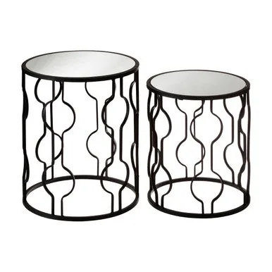 Set Of 2 Black Metal Base Side Tables With Arabesque Detailing & Mirrored Glass Tops, Avantis