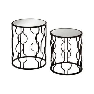 Set Of 2 Black Metal Base Side Tables With Arabesque Detailing & Mirrored Glass Tops, Avantis