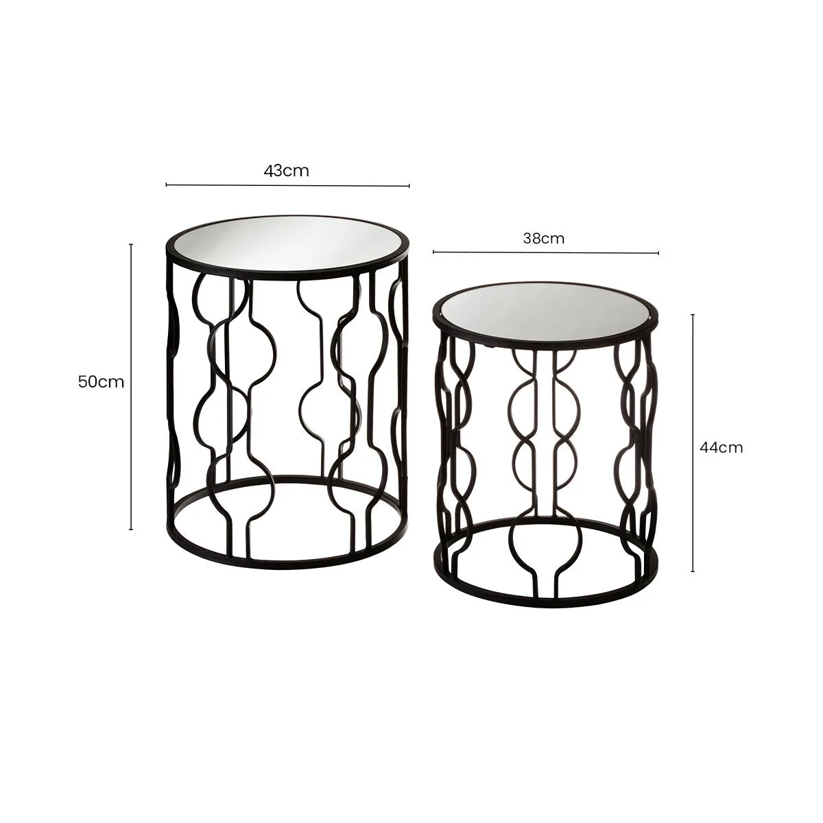 Set Of 2 Black Metal Base Side Tables With Arabesque Detailing & Mirrored Glass Tops, Avantis