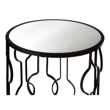 Set Of 2 Black Metal Base Side Tables With Arabesque Detailing & Mirrored Glass Tops, Avantis