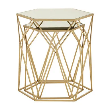 Set Of 2 Gold Hexagonal Mirrored Top Side Tables With Gold Metal Frame, Avantis