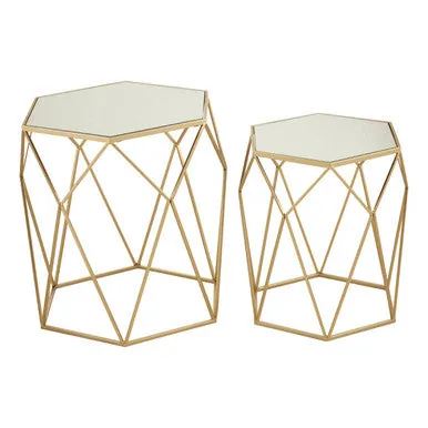 Set Of 2 Gold Hexagonal Mirrored Top Side Tables With Gold Metal Frame, Avantis