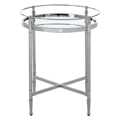 Round Mirrored Glass Top Side Table With Silver Metal Frame, Zach