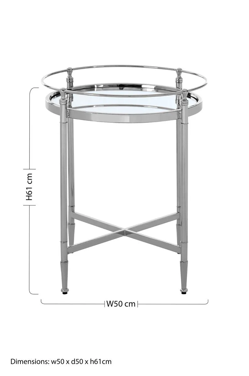 Round Mirrored Glass Top Side Table With Silver Metal Frame, Zach