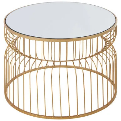 Round Mirrored Top Side Table With Gold Metal Wireframe Base, Avantis