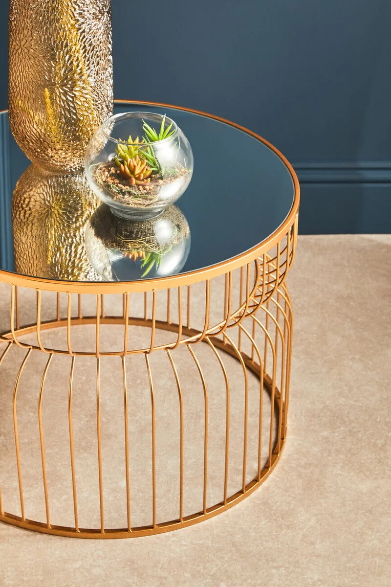 Round Mirrored Top Side Table With Gold Metal Wireframe Base, Avantis