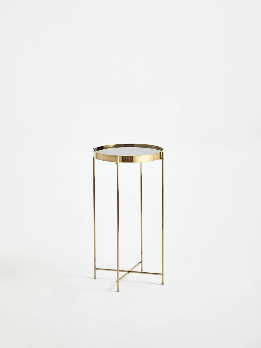 Mirrored Glass Top Tall Side Table With Black Slim Metal Legs, Allure