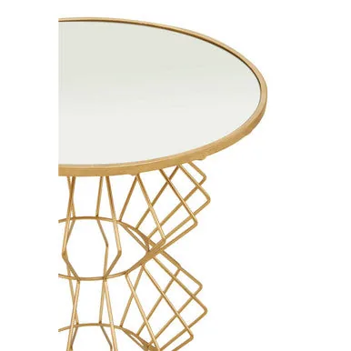 Mirrored Glass Top Side Table With Gold Concertina Wireframe Metal Base, Yaxi