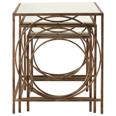 Mirrored Glass Top Nest Of 3 Tables With Bronze Metal Frame, Avantis
