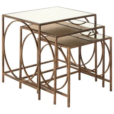 Mirrored Glass Top Nest Of 3 Tables With Bronze Metal Frame, Avantis